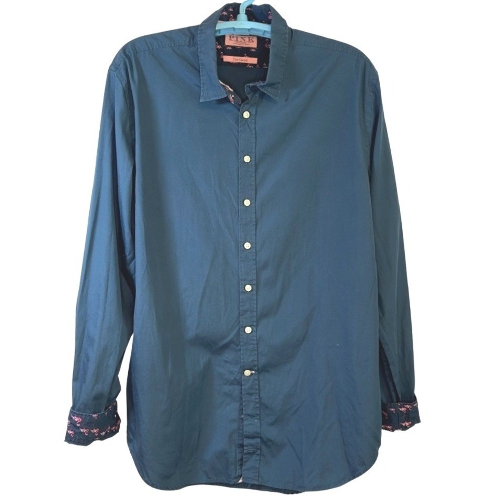 Thomas Pink Button Down Shirt Men Teal Blue Flamingo Print Trim Slim British 3XL